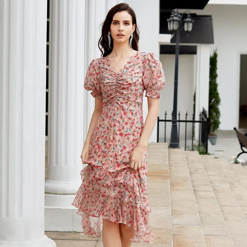 Vista 2 de WDMYS Vestido largo con cuello en V para mujer, plisado, bohemio, para verano, playa, vestido largo con dobladillo alto y bajo, vestido de manga