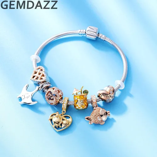 Vista 2 de GEMDAZZ Juego de dijes chapados en oro de plata de ley 925 con diseño de tortuga y oso de peluche, regalo para el día de la madre para niñosmamás