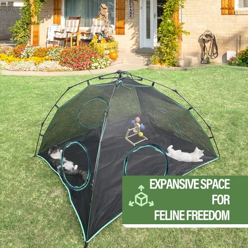 Vista 3 de Pawtenda Recintos para gatos al aire libre, tienda de campaña para gatos con bolsa de almacenamiento, tiendas de campaña verdes para exteriores