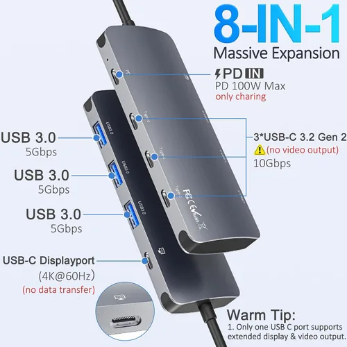 Vista 2 de Hub USB C de 10 Gbps, divisor USB C con pantalla de video de 4K a 60 Hz, carga de entrega de energía de 100 W, adaptador multipuerto USB 4 Hub