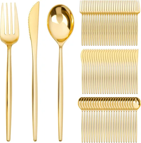 Vista 10 de SUT 150 PIEZAS Juego de Cubiertos de Plástico Dorados, Utensilios Dorados Desechables, Cubiertos de Plástico Resistente, Incluye 50 Cuchillos