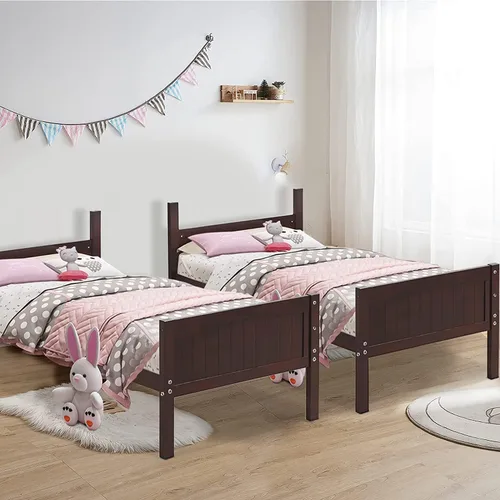Vista 2 de KOMFOTT Litera de madera de tamaño individual sobre individual, marco de cama de madera maciza que ahorra espacio con escalera y barandilla
