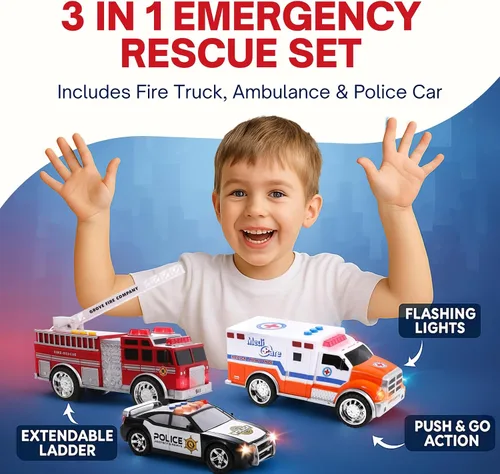 Vista 6 de Juego de vehículos de emergencia de juguete para niños con luces y sonidos (camión de bomberos, automóvil de policía y ambulancia) 3 en 1