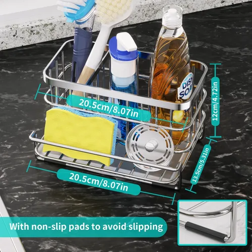 Vista 4 de HapiRm Organizador de Fregadero de Cocina, Acero Inoxidable SUS304 Antióxido Multifuncional Caddy Grande para Fregadero con Portaesponjas y Bandeja