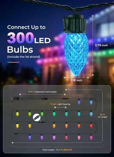 Vista 8 de Brightown Luces LED de Navidad C9 para exteriores, 50 LED RGB inteligentes para árbol de Navidad, sincronización de música, control por aplicación