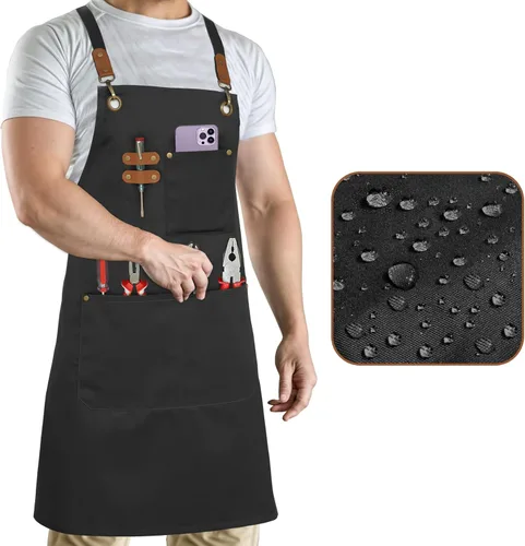 Vista 7 de RUVANTI Delantales de trabajo para hombres y mujeres con bolsillos, ajustables hasta XXL, durabilidad de grado profesional, delantal negro