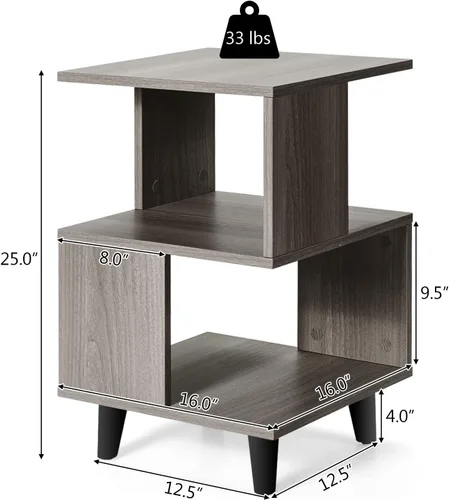 Vista 2 de COSTWAY Juego de mesa de noche de 2 piezas, mesa auxiliar moderna, estante de almacenamiento, color gris