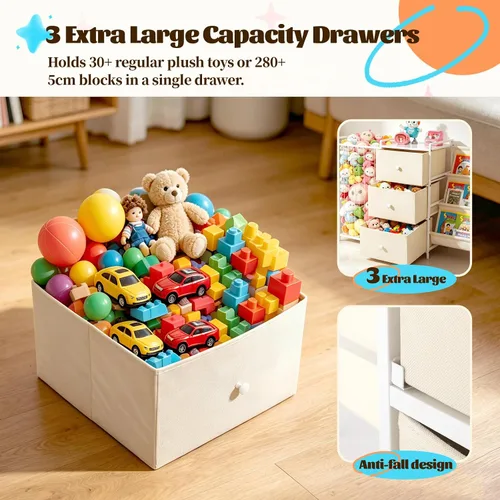 Vista 3 de Bookshelf and Toy Storage Organizer, 3-Tier Sling Book Rack with Stuffed Animal Storage and Toy Bins, Space Saving Bookcase for Bedroom, Playroom