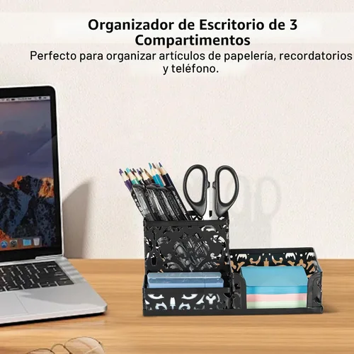 Vista 2 de Organizador para escritorio de oficina, de EasyPag, con 3 compartimentos, con diseño calado de flores, Negro