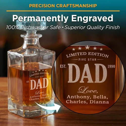 Vista 4 de Juego de decantador de whisky personalizado con vasos para papá, juegos de decantadores de bourbon personalizados, 4 diseños, vasos de whisky