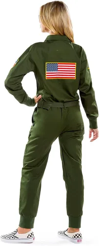 Vista 2 de Tipsy Elves Disfraz de piloto para mujer overol verde militar para Halloween