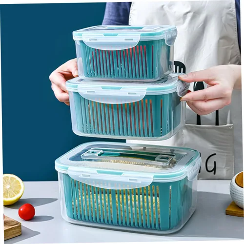 Vista 3 de 3 cajas de almacenamiento apilables para refrigerador con tapas a prueba de fugas y cestas de drenaje internas, escurridor multifuncional
