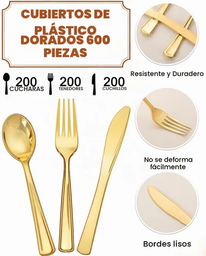 Vista 9 de bUCLA 600 cubiertos de plástico dorado – Utensilios dorados desechables – Juego de cubiertos de plástico resistente – 200 tenedores, 200 cucharas