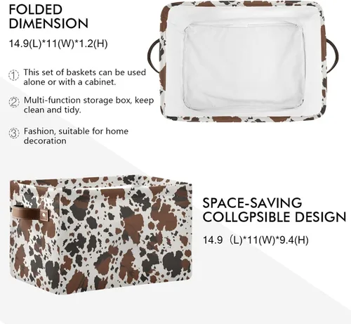 Vista 3 de Cesta de almacenamiento rectangular de lona con estampado de vaca con asas para el hogar, oficina, libros, guardería, juguetes para niños, armario