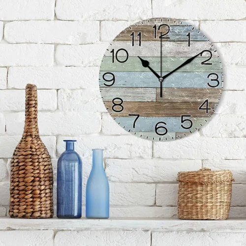 Vista 3 de Reloj de pared de madera azul y marrón, estilo rústico costero, decorativo, redondo, funciona con pilas, sin tictac, silencioso, cuarzo analógico