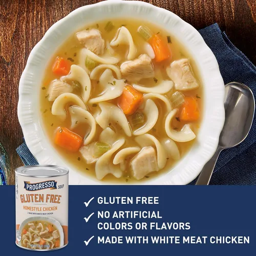 Vista 4 de Progresso Sopa de pollo casera sin gluten, 14 oz. Curly Gluten-Free Pasta, White Meat Chicken, Carrots & Celery, No Artificial Flavors, No