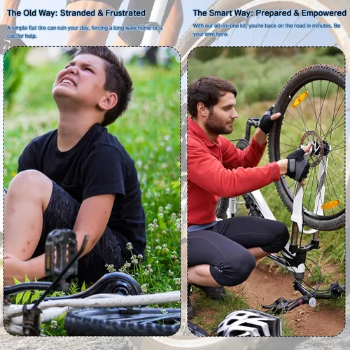 Vista 3 de Kit completo de reparación de bicicleta con bolsa impermeable y bomba de neumáticos estable Herramienta esencial para bicicleta, kit de parches