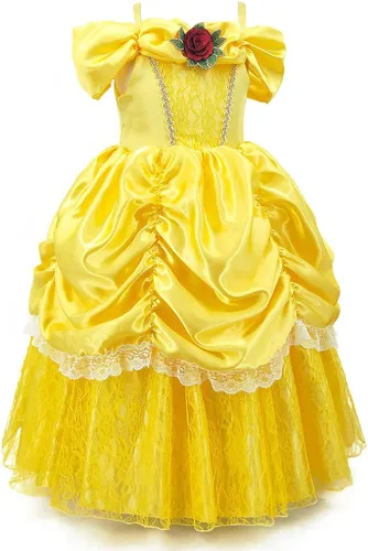 Vista 2 de HOIZOSG Belle Princess Dress Up para niñas, Beauty and The Beast, disfraz de Halloween, Navidad, fiesta de cumpleaños, vestido de baile elegante