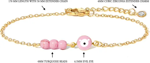 Vista 2 de HFYIREN Pulseras contra el mal de ojo para mujer, acero inoxidable de oro de 14 quilates, pulsera de cuentas de turquesa, pulsera de cadena