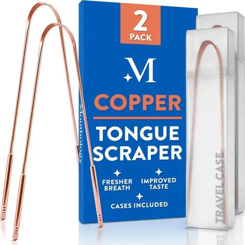Vista 6 de Mouthology Raspador de lengua (paquete de 2), reduce el mal aliento (fundas de viaje incluidas), limpiadores de lengua de acero inoxidable, raspador