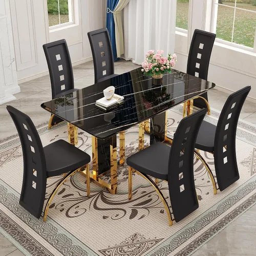 Vista 29 de Juego de mesa de comedor de mármol blanco de 63" para 6 Sillas negras 1