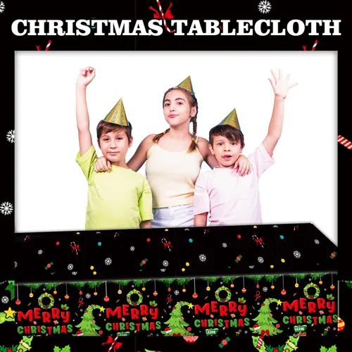 Vista 5 de 2 piezas de manteles desechables de Navidad, 108" x 54" rectangulares de plástico impermeable con patrones novedosos de calcetín navideño, corona