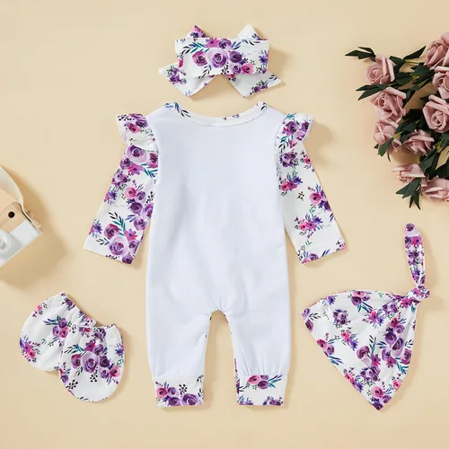 Vista 3 de GRNSHTS Conjunto de ropa para bebé recién nacida, mameluco con estampado de letras, sombrero+diadema para llegar a casa