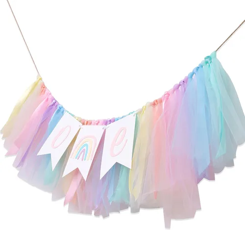Vista 9 de Cartel para silla alta de arcoíris pastel, cartel de tul y cinta para silla de bebé de primer cumpleaños, decoraciones de arcoíris