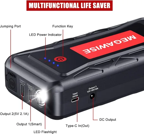 Vista 6 de MEGAWISE 2500A Peak 21800mAh - Batería de arranque portátil para coche (hasta 8.0L Gas/6.5L motores diésel) 12V Paquete de alimentación portátil