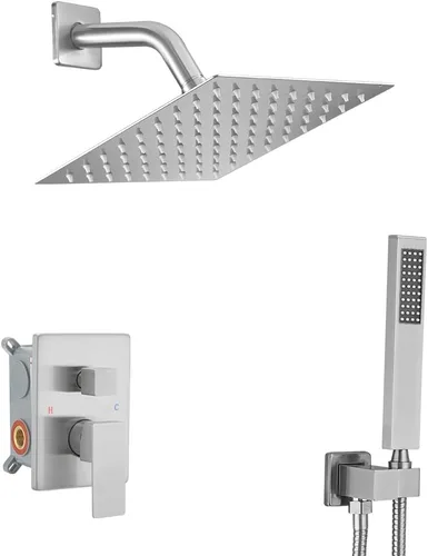 Vista 7 de Sistema de ducha dorado cepillado con cabezal de ducha de lluvia de alta presión de 20.3 cm, cabezal de ducha de mano, juego combinado