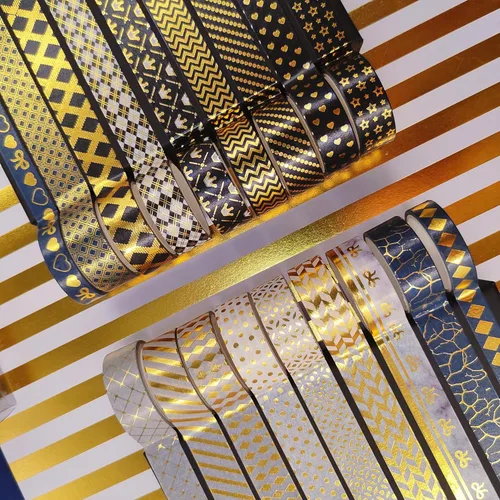 Vista 3 de YUBBAEX Juego de 18 Rollos de Cinta Washi Negra Dorada con Patrones Básicos de Impresión Dorada, Cintas Decorativas para Artes, Manualidades DIY