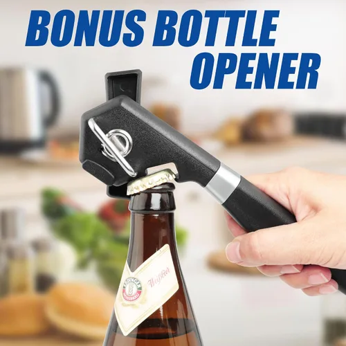 Vista 6 de PrinChef Abrelatas de seguridad con borde liso, abridor de botellas integrado, manual de abrelatas a prueba de óxido, con hoja afilada, abrelatas