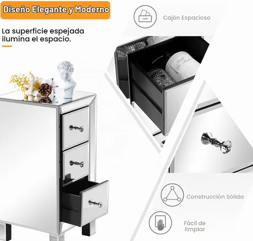 Vista 5 de VINGLI Mesita de noche con espejo con 3 cajones, mesa auxiliar plateada con espejo para espacios pequeños, dormitorio, sala de estar
