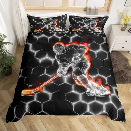 Vista 41 de Erosebridal Hockey Twin Duvet Cover for Boys,Blue and Black Sports Bedding Sets for Kids Teen,Ball Games Gamer Bed Set,Ice Hockey Field Quilt Cover