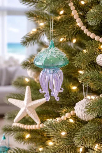 Vista 2 de Adorno colgante de cristal pequeño para árbol de Navidad, medusa con purpurina, 5 pulgadas