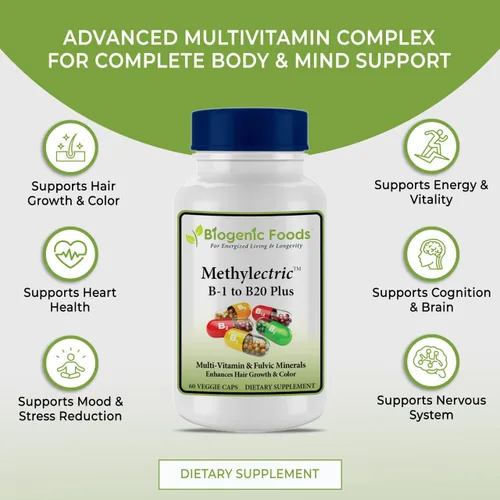 Vista 4 de Biogenic Foods Complejo B-50 Metilectric - B1 metilado - B20 multivitamínico y minerales fúlvicos, cápsulas vegetales
