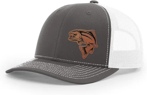 Vista 15 de Sombrero de pesca de salmón con parche de cuero grabado láser Richardson 112 Snapback Trucker Cap