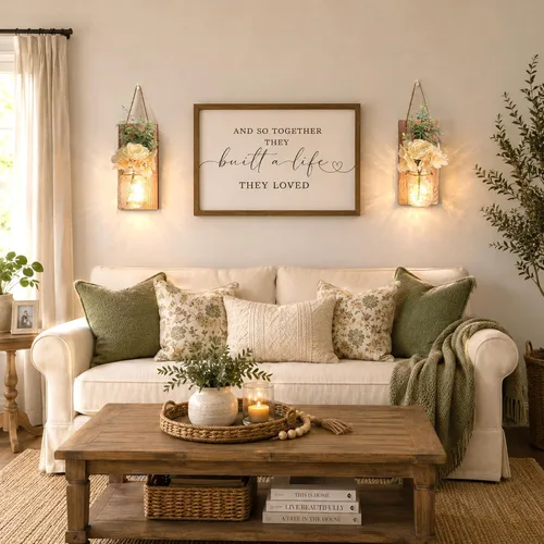 Vista 55 de Decoración rústica de madera para colgar en la pared con tira de luces LED para sala de estar y dormitorio modernos, estilo campestre inspirador