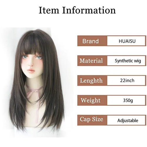 Vista 4 de Peluca de Cabello Largo Negro Liso con Flequillo Sintética de Alta Densidad Peluca de Cabello Largo para Mujeres (negro)