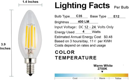 Vista 3 de Bombilla LED de vela de 12 V/24 V CC, regulable con atenuador de 12 V CC, 4 W 400 lúmenes, luz blanca cálida de 2700 K, base pequeña E12, punta