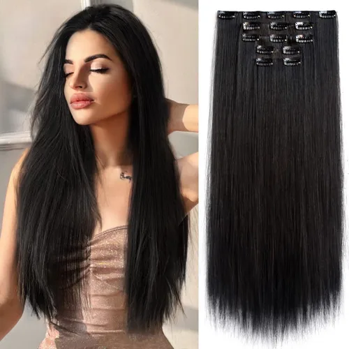 Vista 25 de Extensiones de cabello sintético con clip, color burdeos de 18 pulgadas de largo, invisibles, gruesas, extensiones de cabello lacio con clips, 5