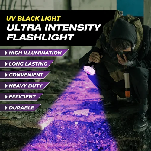 Vista 2 de Linterna de luz negra UV Kobra - 100 LED Luz UV portátil y luz negra para detección de orina de mascotas - Inspección de chinches, fugas y dinero