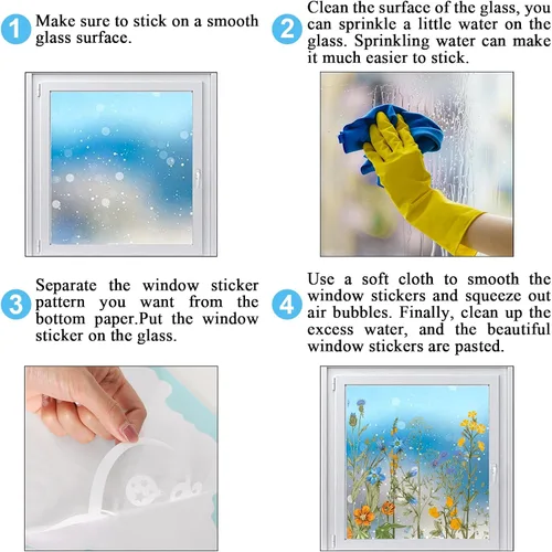 Vista 7 de Whaline 6 Hojas de Calcomanías de Ventana de Flores Silvestres de Verano Vintage Azul Naranja Acuarela de Doble Cara Reutilizables Florales
