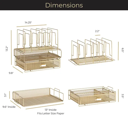Vista 7 de BLU MONACO Juego de organizador de escritorio dorado con organizador de archivos desmontable, bandeja de papel apilable y cajón de almacenamiento