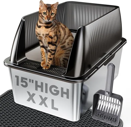 Vista 9 de Tripamin Caja de arena para gatos de acero inoxidable XL de 15 pulgadas, lados altos XXL de acero inoxidable con tapa, caja de arena de metal