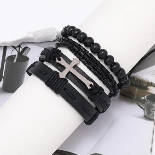 Vista 3 de Pulsera de cuero punk para hombre, 8-10 piezas, trenzada, cuentas de madera, calavera, metal, pulsera de cuero