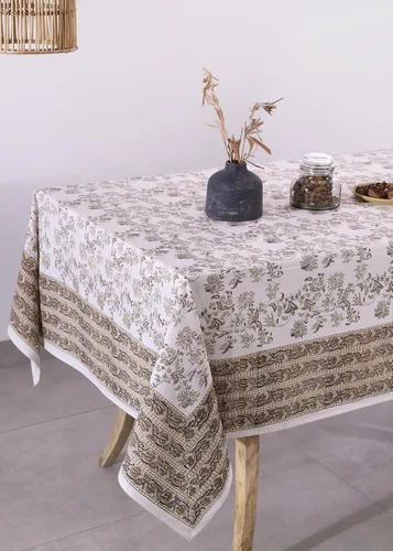 Vista 3 de Labhanshi Mantel rectangular de 6 plazas de algodón prelavado con estampado indio a mano, 60 x 90 pulgadas, diseño floral de algodón prelavado