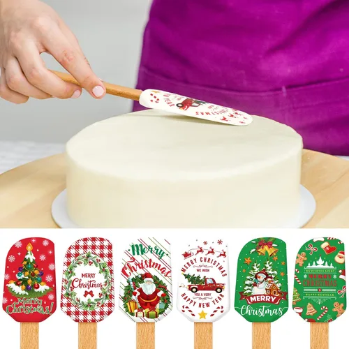 Vista 6 de Patelai Espátula de silicona de Navidad con mango de madera en forma de muñecos de nieve, espátula para pastel de Navidad, raspador de panqueques