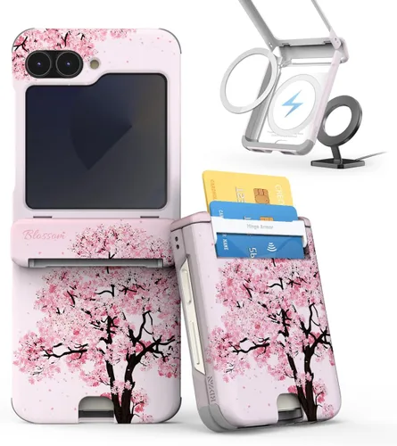Vista 16 de para Galaxy Z Flip 5 Funda con 2 ranuras para tarjetas, funda rígida delgada y resistente con protección de bisagra, funda completa con protección