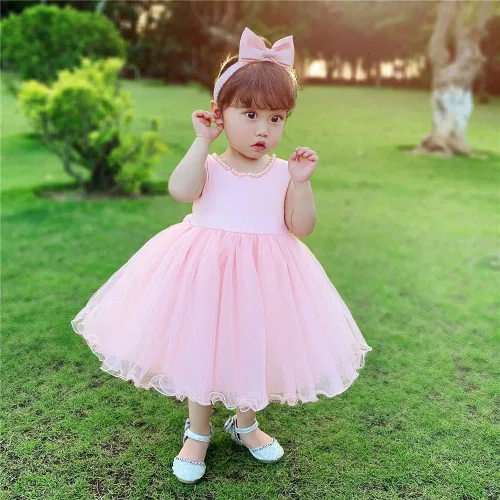 Vista 5 de 6M-6T - Vestido de bebé para niñas, vestido de encaje sin espalda, vestido de princesa formal para niños pequeños
